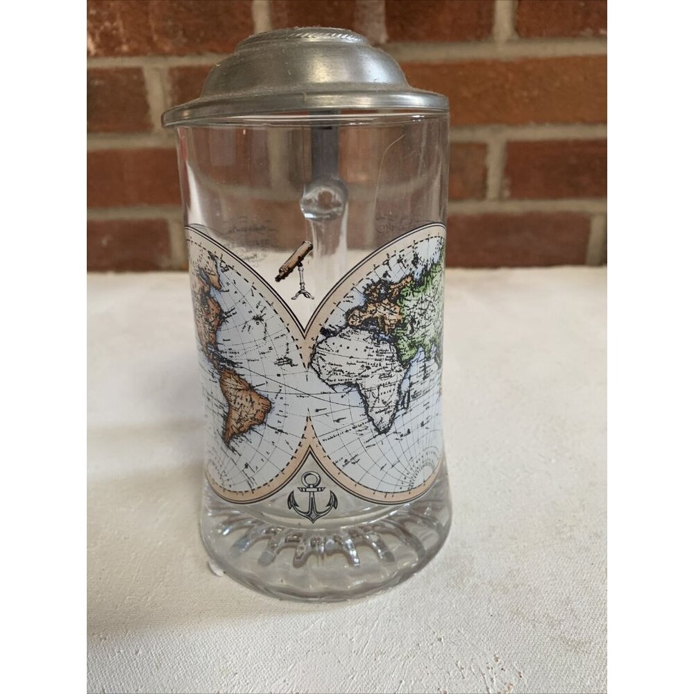 VERY NICE ALWE GLASS BEER STEIN, WORLD MAPS, PEWTER LID, GERMANY